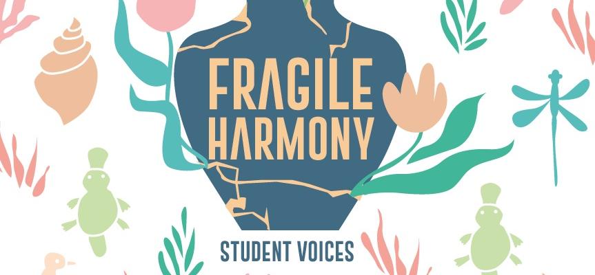 Fragile Harmony logo Illustration of a piece of pottery surrounded by leaves and shells